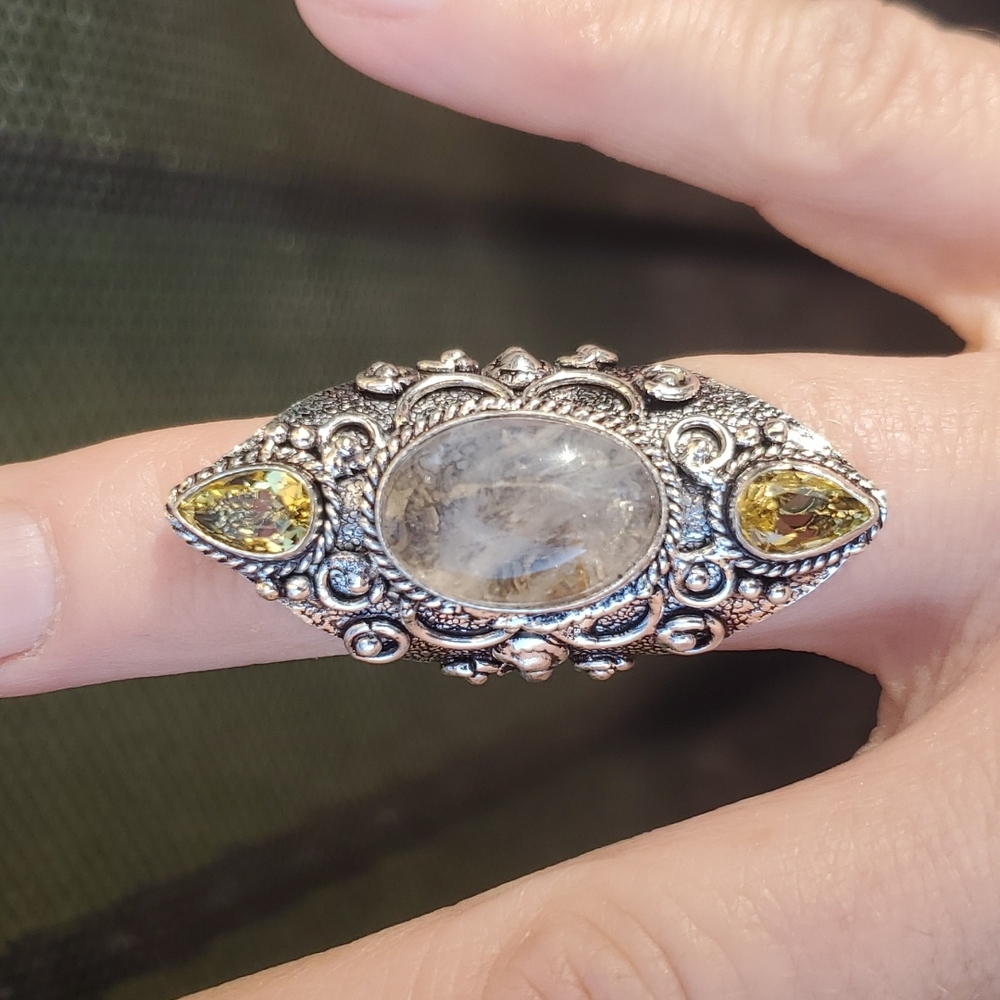 New Golden Rutile & Citrine 925 Silver Statement Ring.